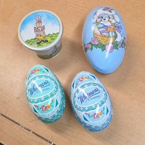 3 Vtg Tin Litho Print Metal Easter Eggs 2-Piece Candy Containers Plus Container